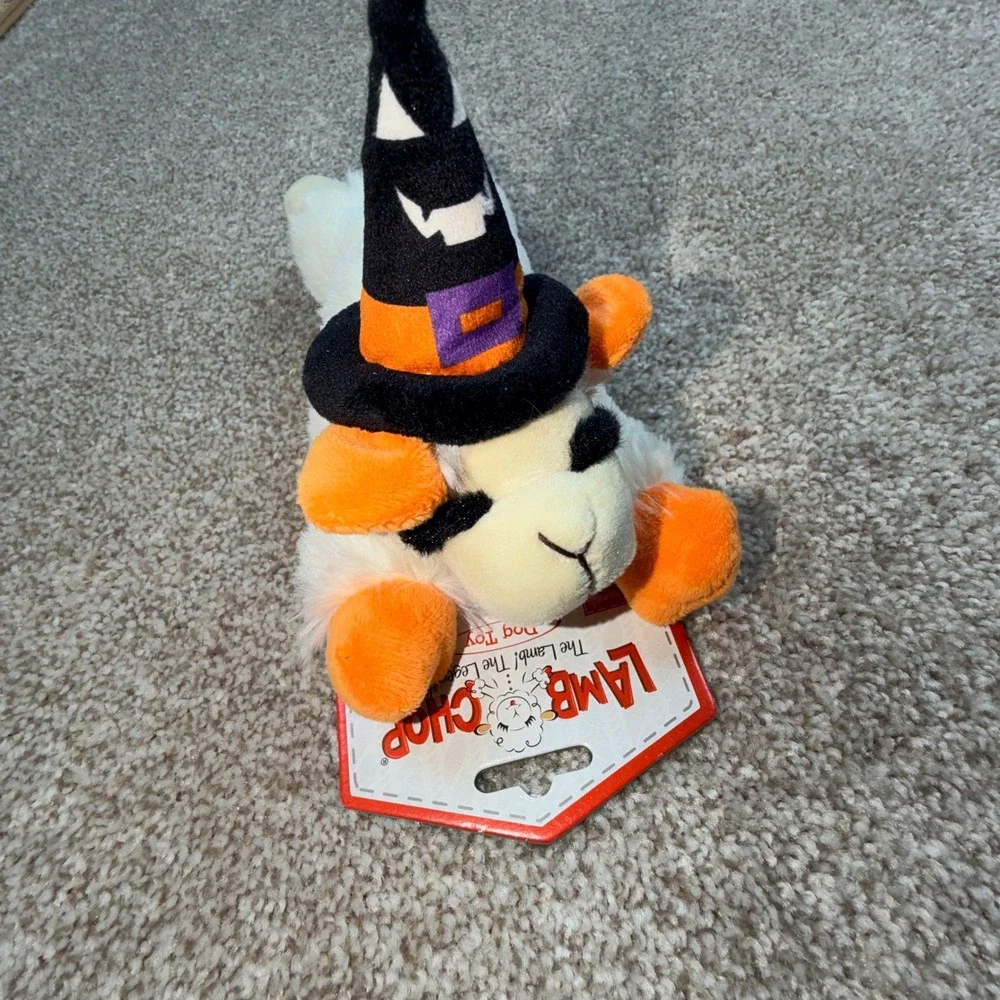 Multipet Lamb Chop Halloween Witch‎ Dog Toy Plush Squeaker 6 Inch White Orange